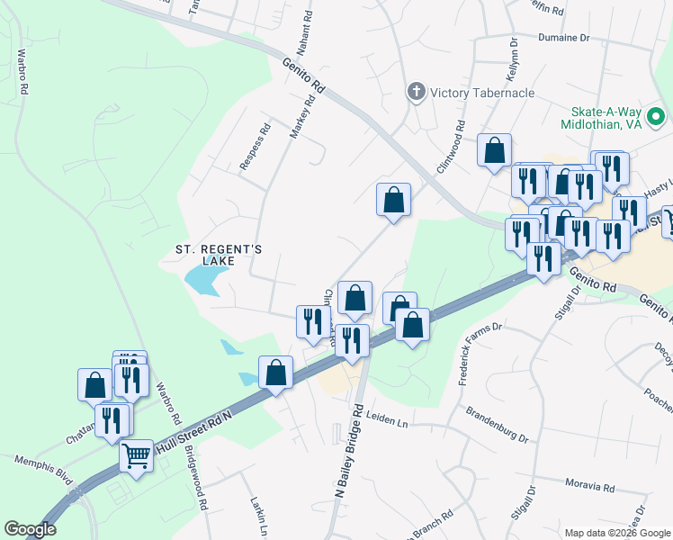 map of restaurants, bars, coffee shops, grocery stores, and more near 3620 Clintwood Road in Midlothian