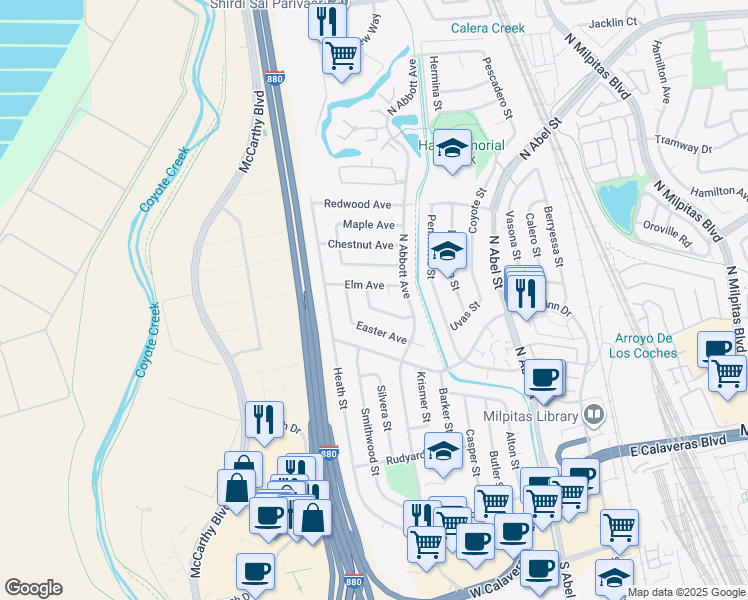 map of restaurants, bars, coffee shops, grocery stores, and more near 511 Walnut Drive in Milpitas