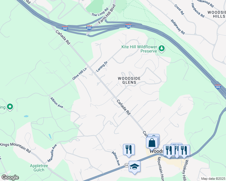 map of restaurants, bars, coffee shops, grocery stores, and more near 1211 Cañada Road in Woodside