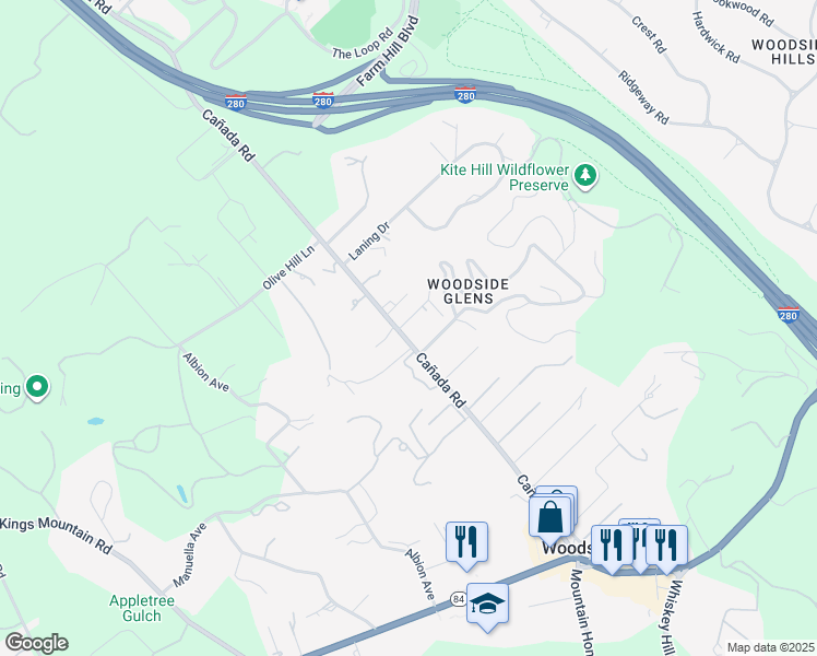 map of restaurants, bars, coffee shops, grocery stores, and more near 1211 Cañada Road in Woodside