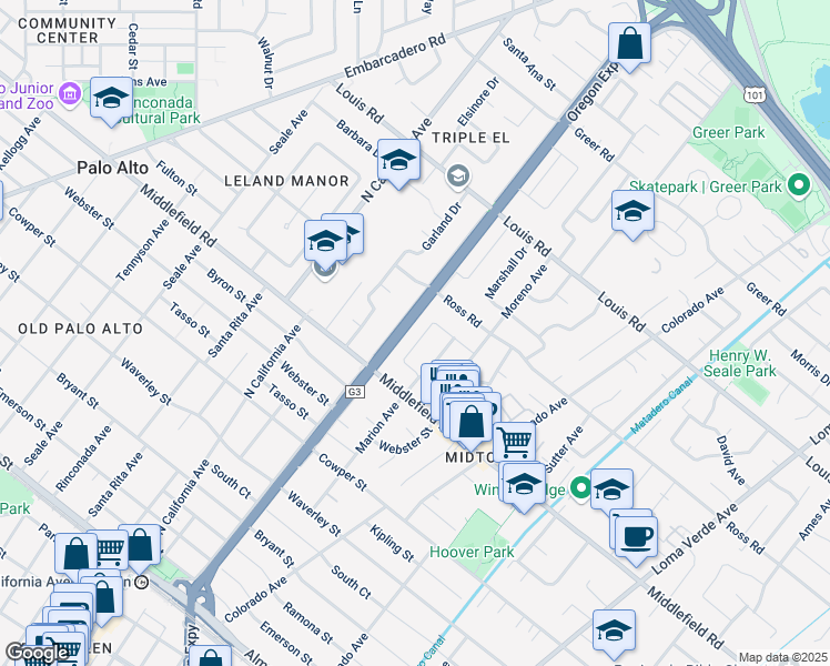map of restaurants, bars, coffee shops, grocery stores, and more near 747 Coastland Drive in Palo Alto