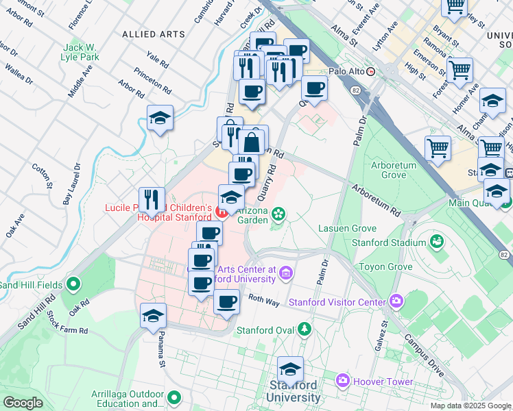 map of restaurants, bars, coffee shops, grocery stores, and more near in Stanford