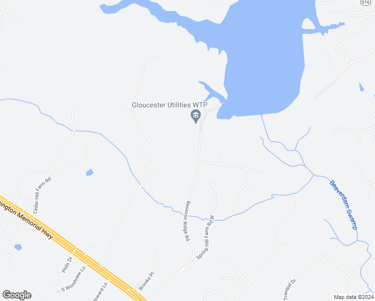 map of restaurants, bars, coffee shops, grocery stores, and more near Resevoir Ridge Road in Gloucester Courthouse