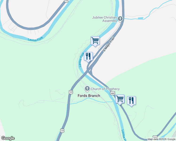 map of restaurants, bars, coffee shops, grocery stores, and more near West Shelbiana Road in Pikeville