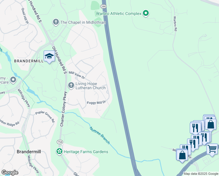 map of restaurants, bars, coffee shops, grocery stores, and more near 3907 Waterwheel Drive in Midlothian