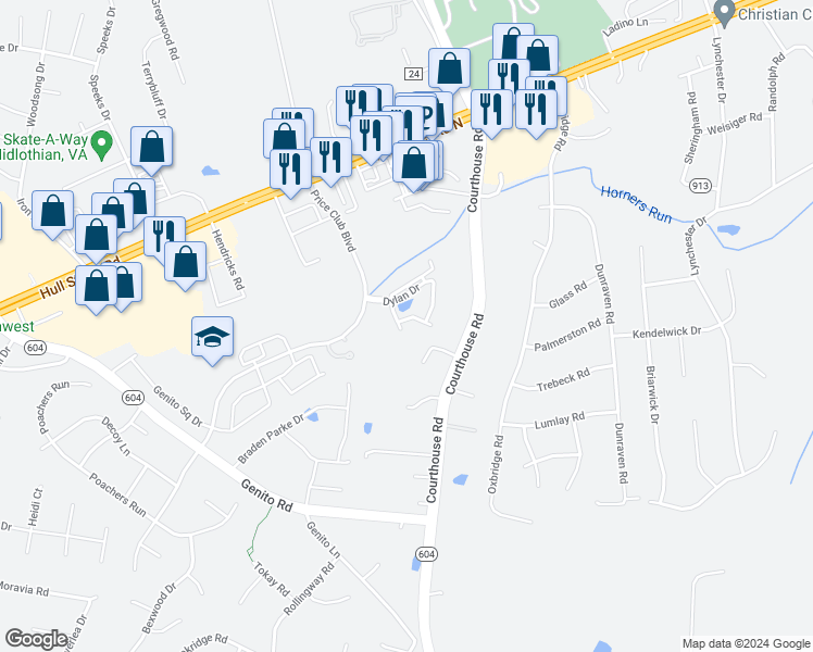 map of restaurants, bars, coffee shops, grocery stores, and more near 10249 Sarah Street in Midlothian