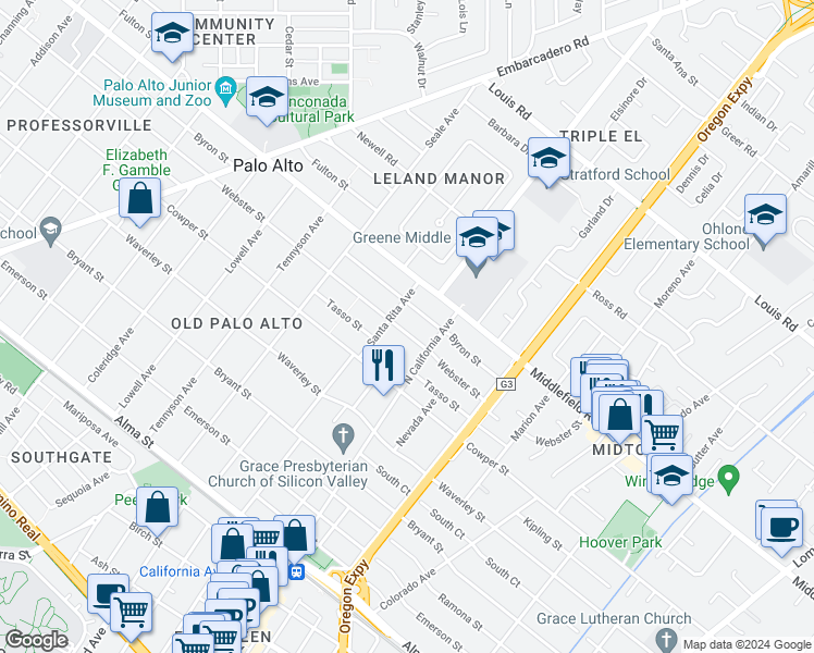 map of restaurants, bars, coffee shops, grocery stores, and more near 2133 Webster Street in Palo Alto