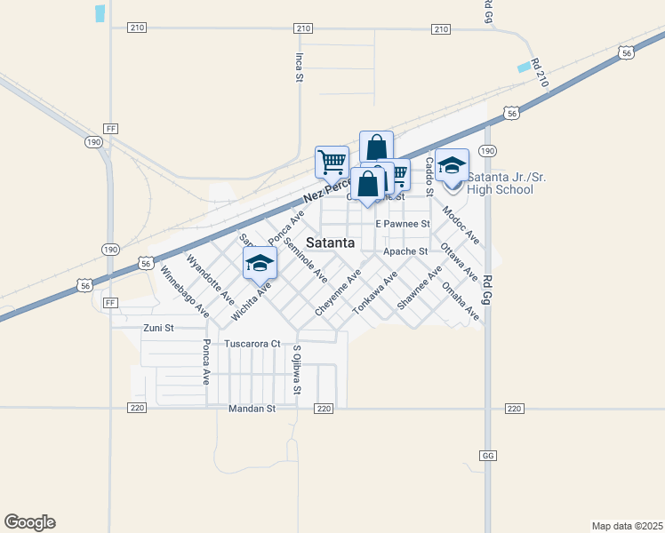 map of restaurants, bars, coffee shops, grocery stores, and more near 500 Arapahoe Avenue in Satanta