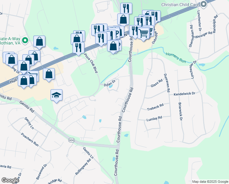 map of restaurants, bars, coffee shops, grocery stores, and more near 10229 Sarah Street in Midlothian