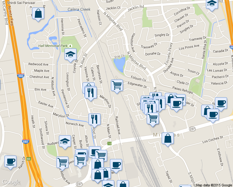 map of restaurants, bars, coffee shops, grocery stores, and more near 386 Railroad Court in Milpitas