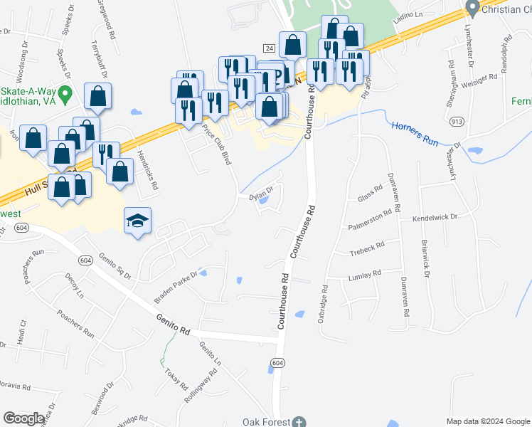 map of restaurants, bars, coffee shops, grocery stores, and more near 10245 Sarah Street in Midlothian