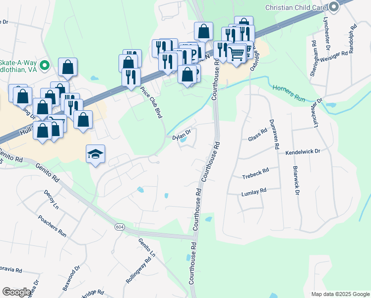 map of restaurants, bars, coffee shops, grocery stores, and more near 10241 Sarah Street in Midlothian