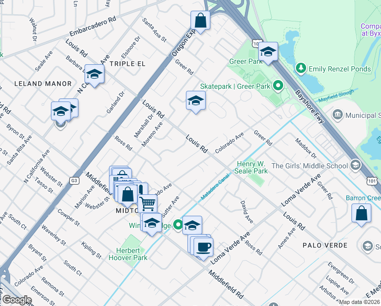 map of restaurants, bars, coffee shops, grocery stores, and more near 865 Sycamore Drive in Palo Alto