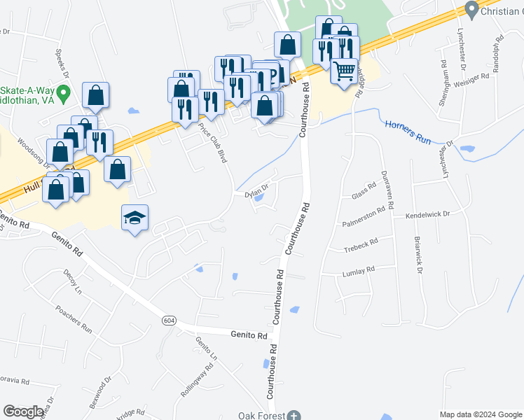 map of restaurants, bars, coffee shops, grocery stores, and more near 10241 Sarah Street in Midlothian
