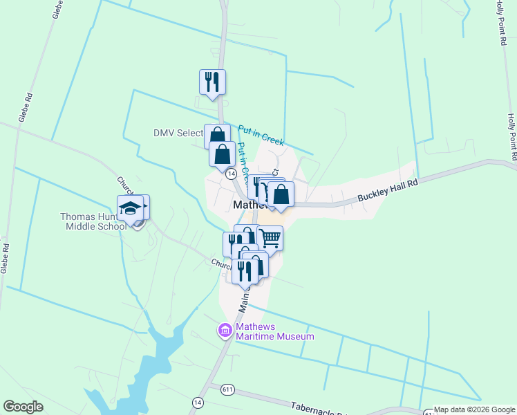 map of restaurants, bars, coffee shops, grocery stores, and more near in Mathews