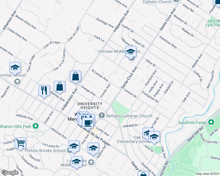 map of restaurants, bars, coffee shops, grocery stores, and more near 1185 North Lemon Avenue in Menlo Park
