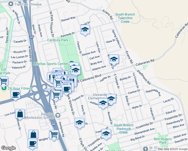 map of restaurants, bars, coffee shops, grocery stores, and more near 1511 North Gadsden Drive in Milpitas