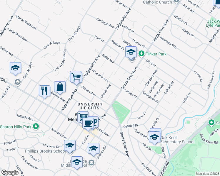 map of restaurants, bars, coffee shops, grocery stores, and more near 1185 North Lemon Avenue in Menlo Park