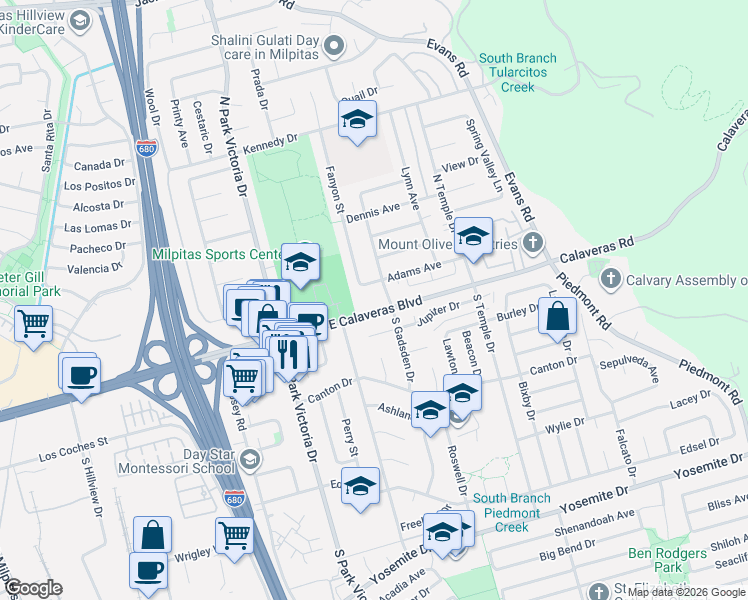map of restaurants, bars, coffee shops, grocery stores, and more near 1445 East Calaveras Boulevard in Milpitas