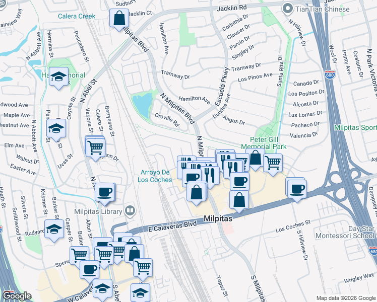 map of restaurants, bars, coffee shops, grocery stores, and more near 277 Edgewater Drive in Milpitas