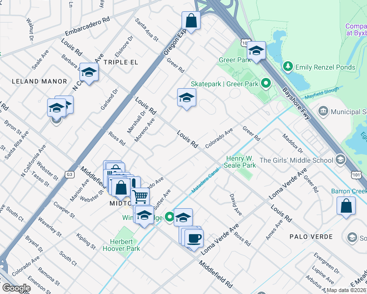 map of restaurants, bars, coffee shops, grocery stores, and more near 865 Sycamore Drive in Palo Alto
