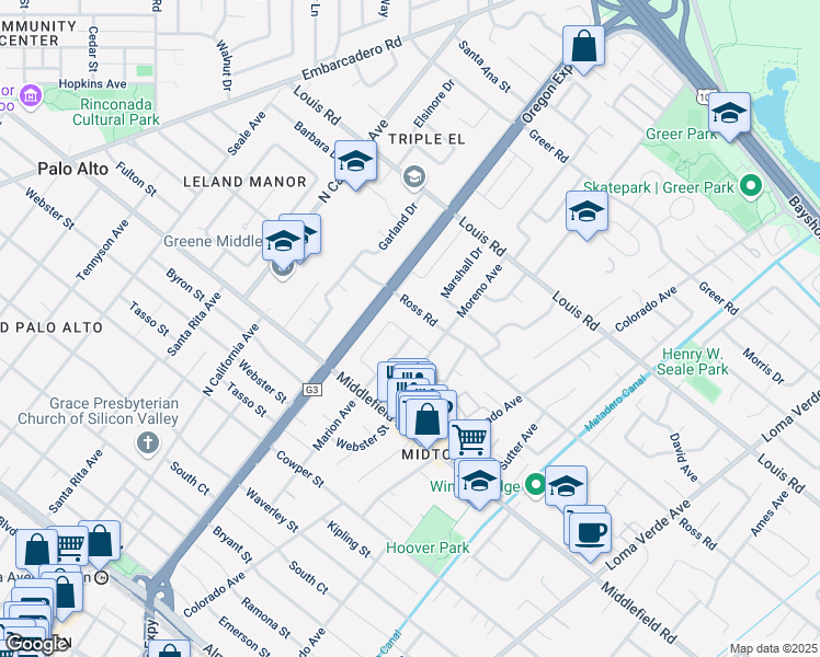 map of restaurants, bars, coffee shops, grocery stores, and more near 783 Coastland Drive in Palo Alto