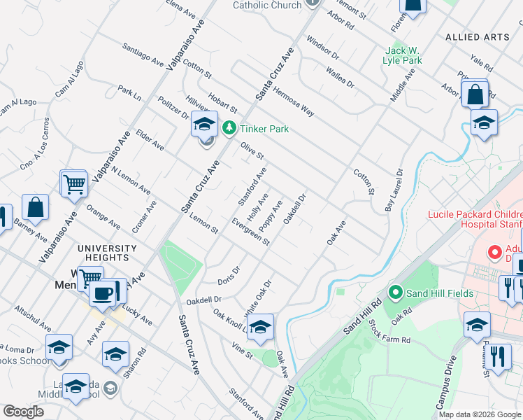 map of restaurants, bars, coffee shops, grocery stores, and more near 1740 Poppy Avenue in Menlo Park