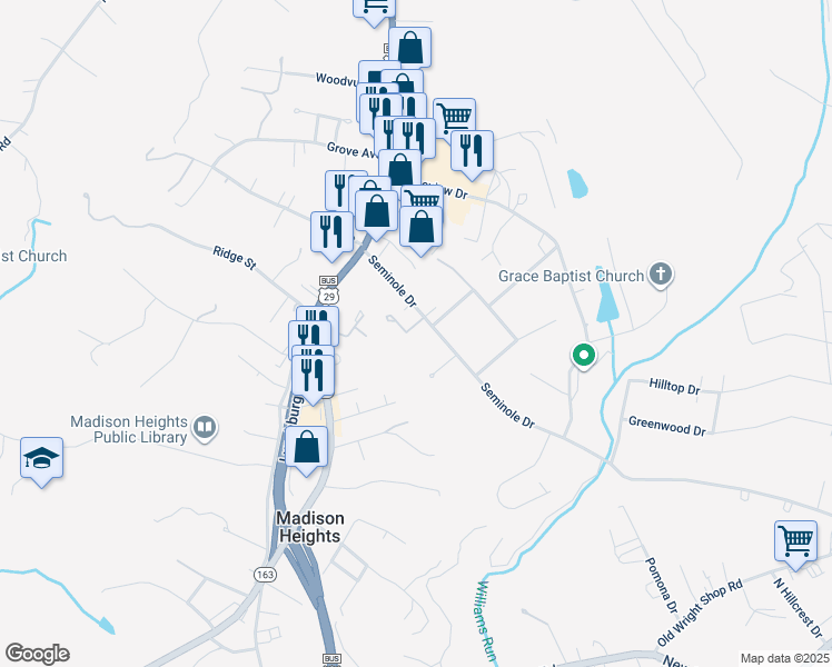 map of restaurants, bars, coffee shops, grocery stores, and more near 144 Seminole Drive in Madison Heights