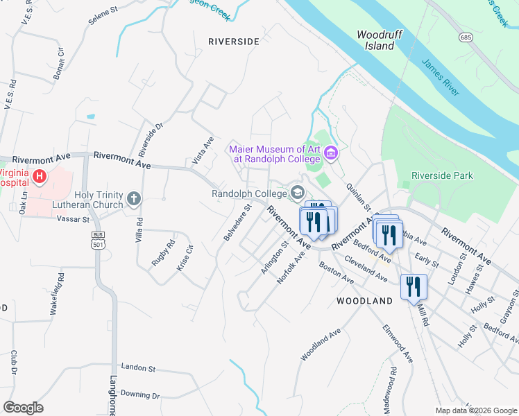 map of restaurants, bars, coffee shops, grocery stores, and more near 2809 Rivermont Avenue in Lynchburg