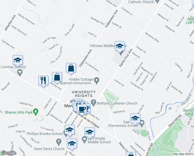 map of restaurants, bars, coffee shops, grocery stores, and more near 1701 Croner Avenue in Menlo Park