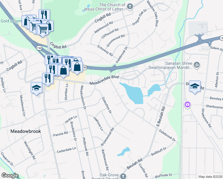 map of restaurants, bars, coffee shops, grocery stores, and more near 3704 Berrybrook Drive in Richmond