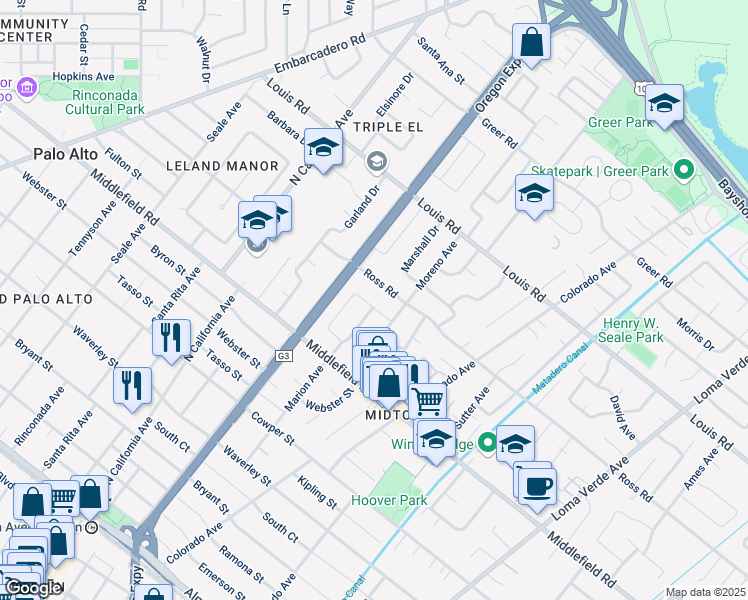 map of restaurants, bars, coffee shops, grocery stores, and more near 783 Coastland Drive in Palo Alto