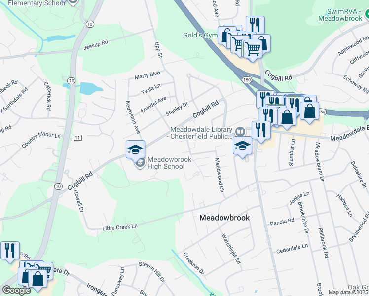 map of restaurants, bars, coffee shops, grocery stores, and more near 4706 Brompton Square in Richmond