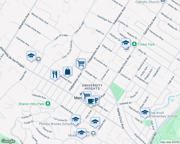map of restaurants, bars, coffee shops, grocery stores, and more near 1332 Orange Avenue in Menlo Park