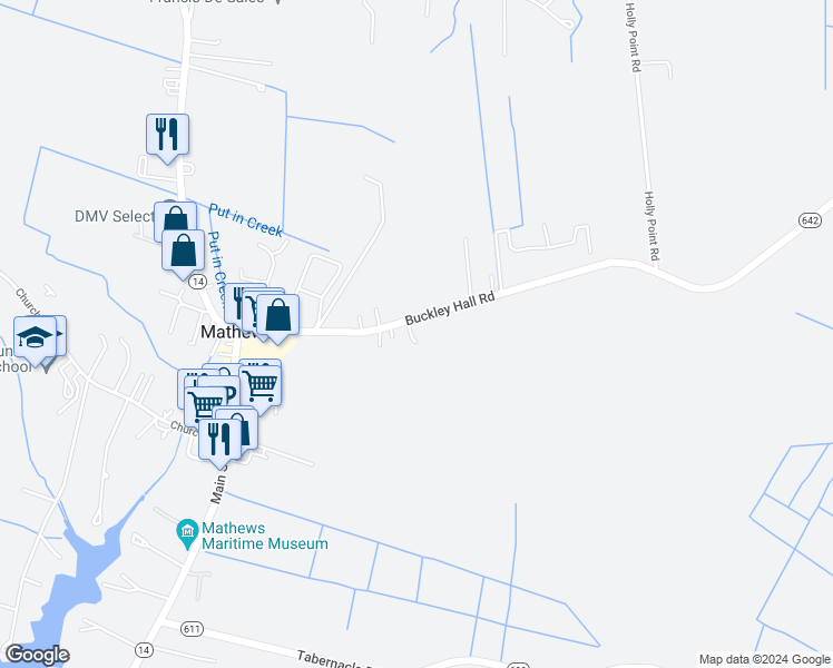 map of restaurants, bars, coffee shops, grocery stores, and more near 11300 Buckley Hall Road in Mathews