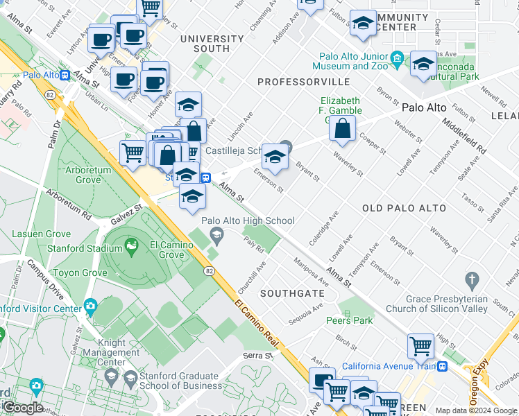 map of restaurants, bars, coffee shops, grocery stores, and more near 131 Kellogg Avenue in Palo Alto