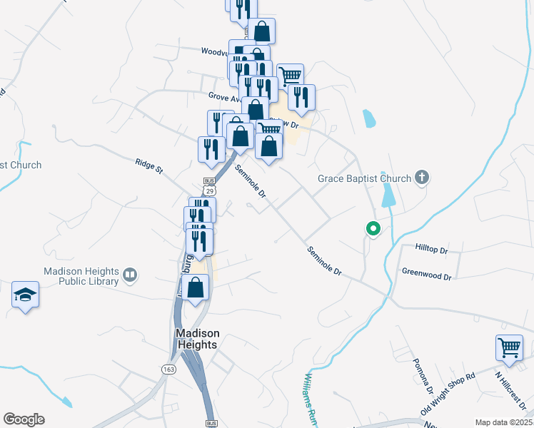map of restaurants, bars, coffee shops, grocery stores, and more near 144 Seminole Drive in Madison Heights