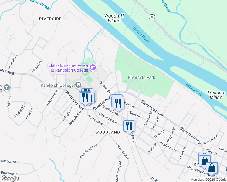 map of restaurants, bars, coffee shops, grocery stores, and more near 2306 Rivermont Avenue in Lynchburg