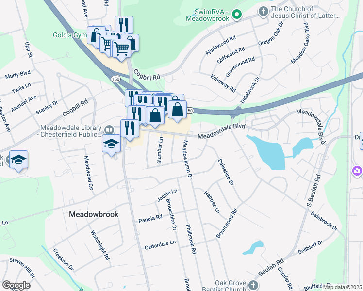 map of restaurants, bars, coffee shops, grocery stores, and more near 5918 Meadowburm Drive in Richmond