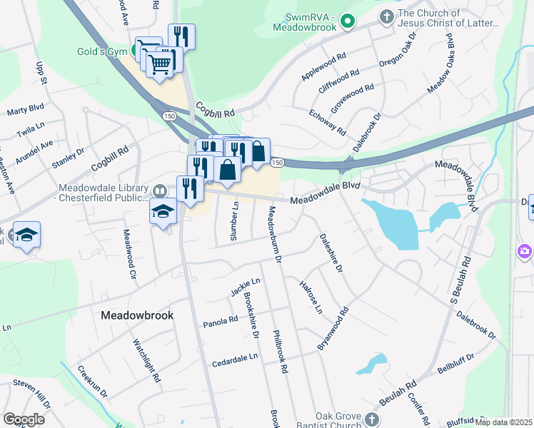 map of restaurants, bars, coffee shops, grocery stores, and more near 5918 Meadowburm Drive in Richmond