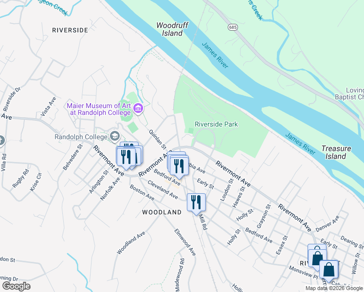 map of restaurants, bars, coffee shops, grocery stores, and more near 2240 Rivermont Avenue in Lynchburg