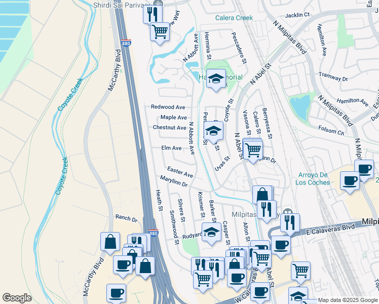 map of restaurants, bars, coffee shops, grocery stores, and more near 420 Elm Avenue in Milpitas