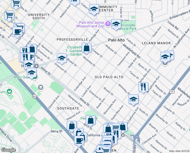 map of restaurants, bars, coffee shops, grocery stores, and more near 315 Lowell Avenue in Palo Alto