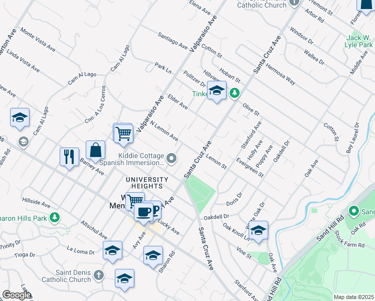 map of restaurants, bars, coffee shops, grocery stores, and more near 1102 North Lemon Avenue in Menlo Park