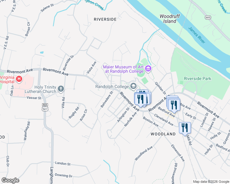 map of restaurants, bars, coffee shops, grocery stores, and more near 2809 Rivermont Avenue in Lynchburg