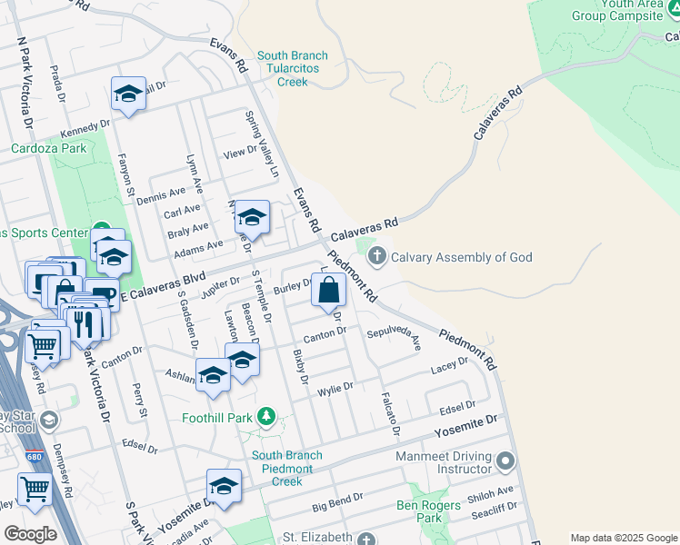 map of restaurants, bars, coffee shops, grocery stores, and more near 83 Piedmont Road in Milpitas