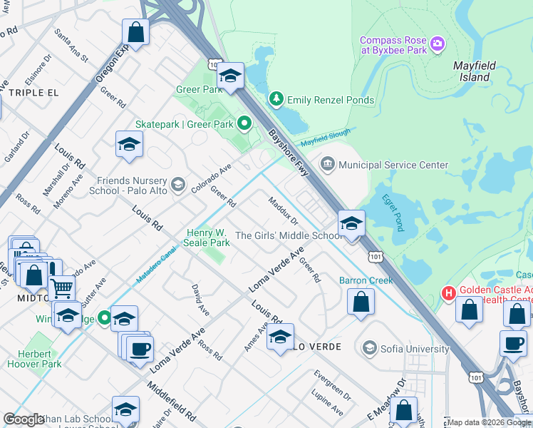 map of restaurants, bars, coffee shops, grocery stores, and more near 3155 Greer Road in Palo Alto