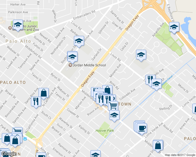 map of restaurants, bars, coffee shops, grocery stores, and more near 783 Coastland Drive in Palo Alto