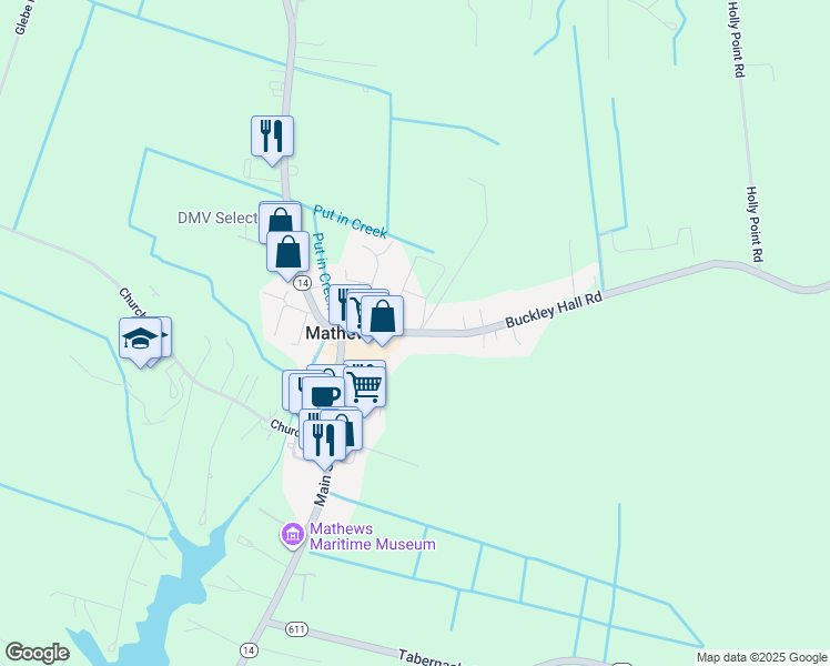 map of restaurants, bars, coffee shops, grocery stores, and more near 11063 Buckley Hall Road in Mathews