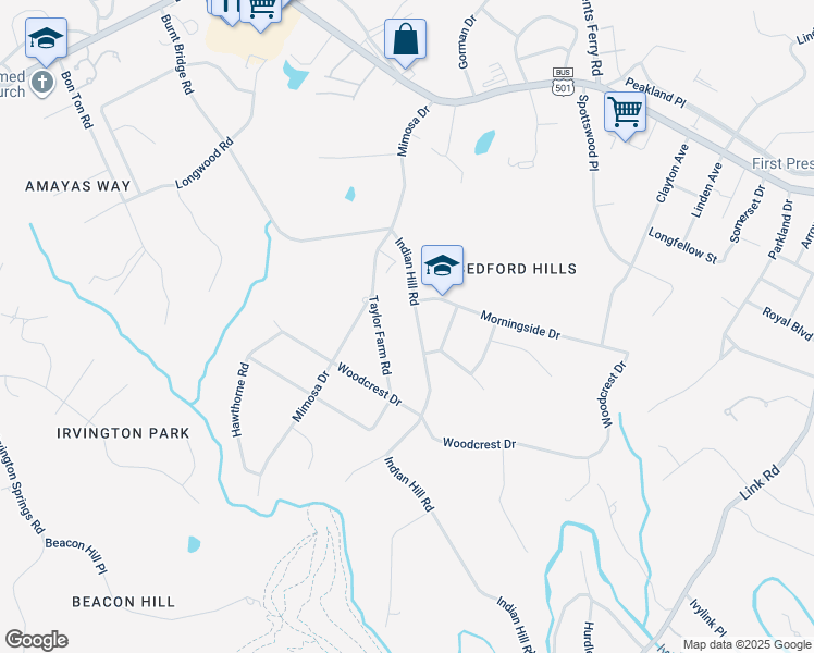 map of restaurants, bars, coffee shops, grocery stores, and more near 2009 Indian Hill Road in Lynchburg
